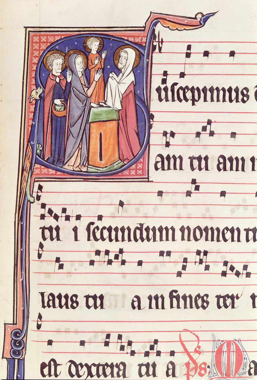 Ms 241 f.144 Történelmi kezdetű S, amely Jézus bemutatását a templomban ábrázolja, a Vauclair-i apátsági templom felszentelésére szolgáló antifonálból, 1257 alkotó: French School