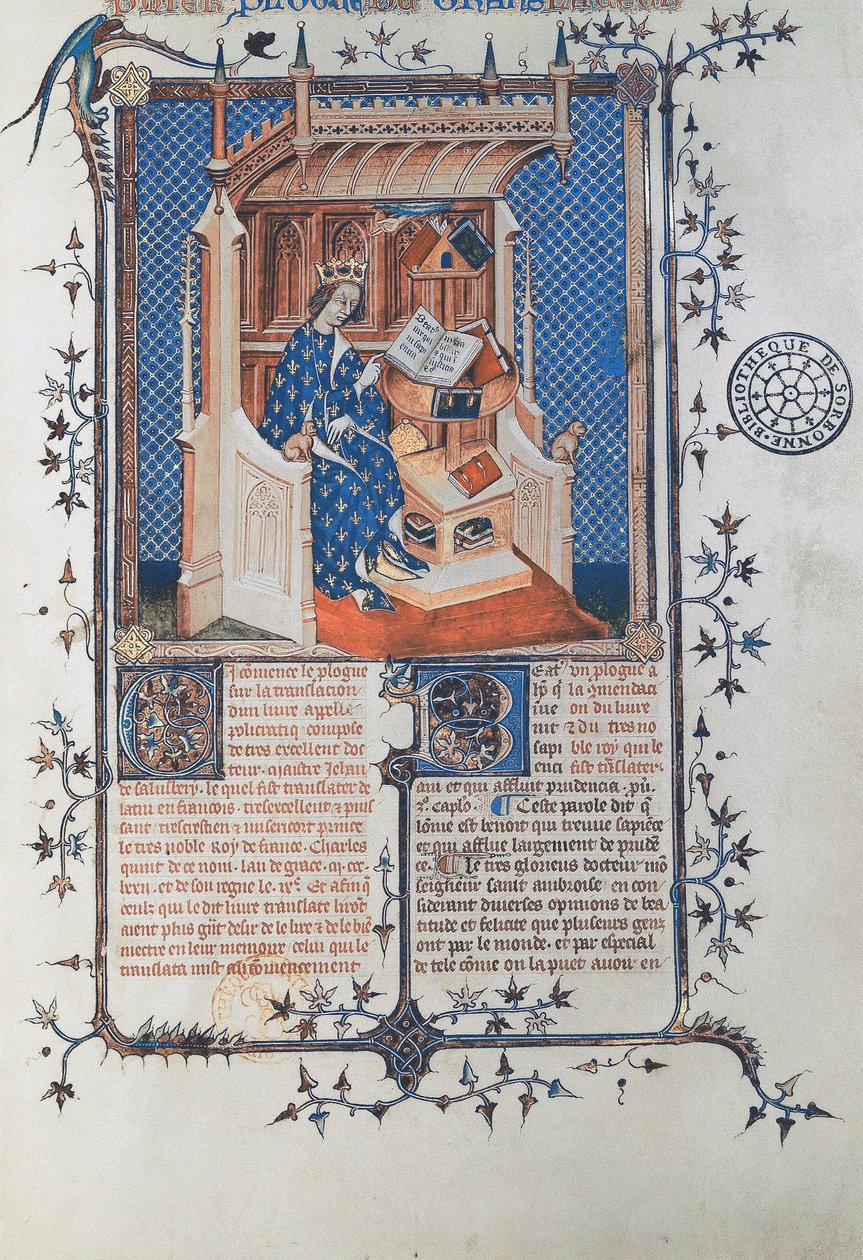 Ms 24287 fol. 2r V. Károly, a Bölcs, Franciaország királya, Salisbury Jánostól, Polycraticus, fordította Denis Foulechatis, 1372 körül (vellum) alkotó: French School