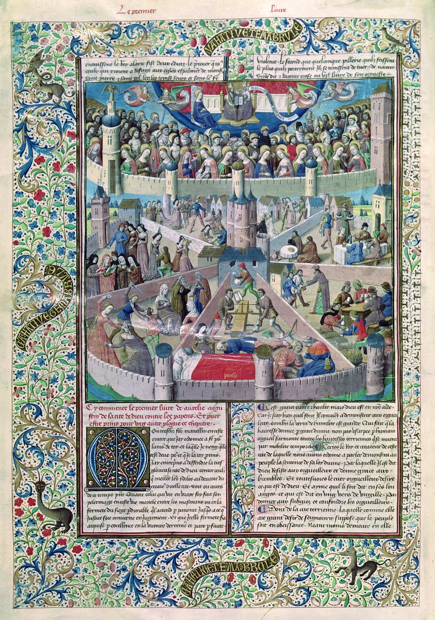 Ms 246 fol.3v bűnök és erények a Földön, Hippói Szent Ágoston (354-430) De Civitate Dei-ből alkotó: French School