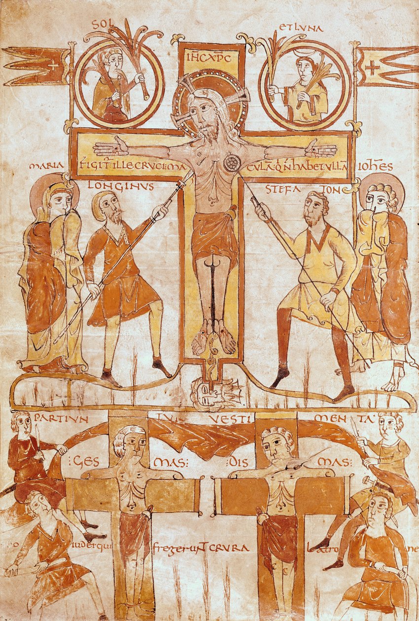 Ms 24 fol.7v A keresztre feszítés és a Megváltó ruháinak felosztása, egy evangéliumból alkotó: French School