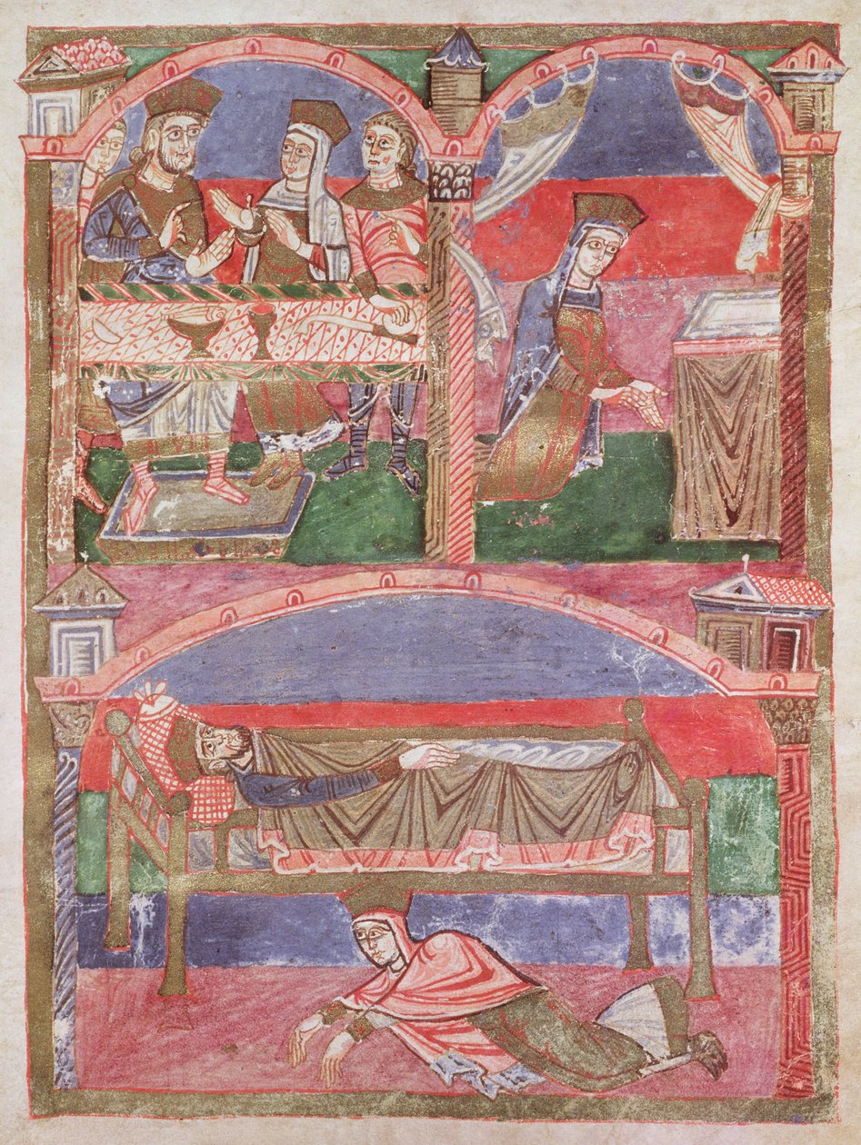 Ms 250 f.24r St. Radegund (518-87) I. Clothar (497-561) asztalánál, oratóriumában és a királyi ágy lábánál, Szent Radegund életéből alkotó: French School