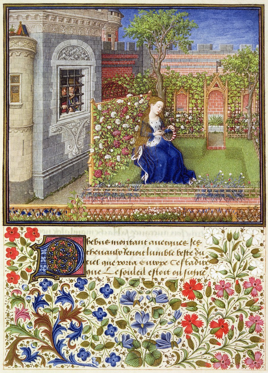 Ms 2617 Emilia a kertjében, 22. tábla, La Teseida, Giovanni Boccaccio (1313-75), 1340-41 alkotó: French School
