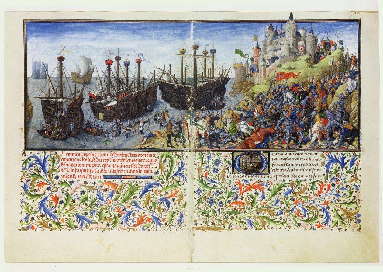 Ms 2617 Az amazonok várát Thészeusz, Athén hercege ostromolja La Teseidából, Giovanni Boccaccio (1313-75) 1340-41 alkotó: French School