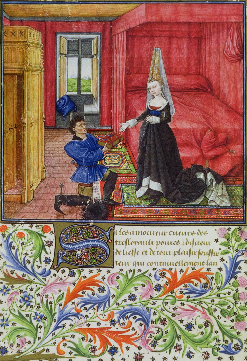 Ms 2617 Az írnok, aki a Teseidát egy ismeretlen fiatal nőnek szenteli, La Teseidából, Giovanni Boccaccio (1313-75) 1340-41 alkotó: French School