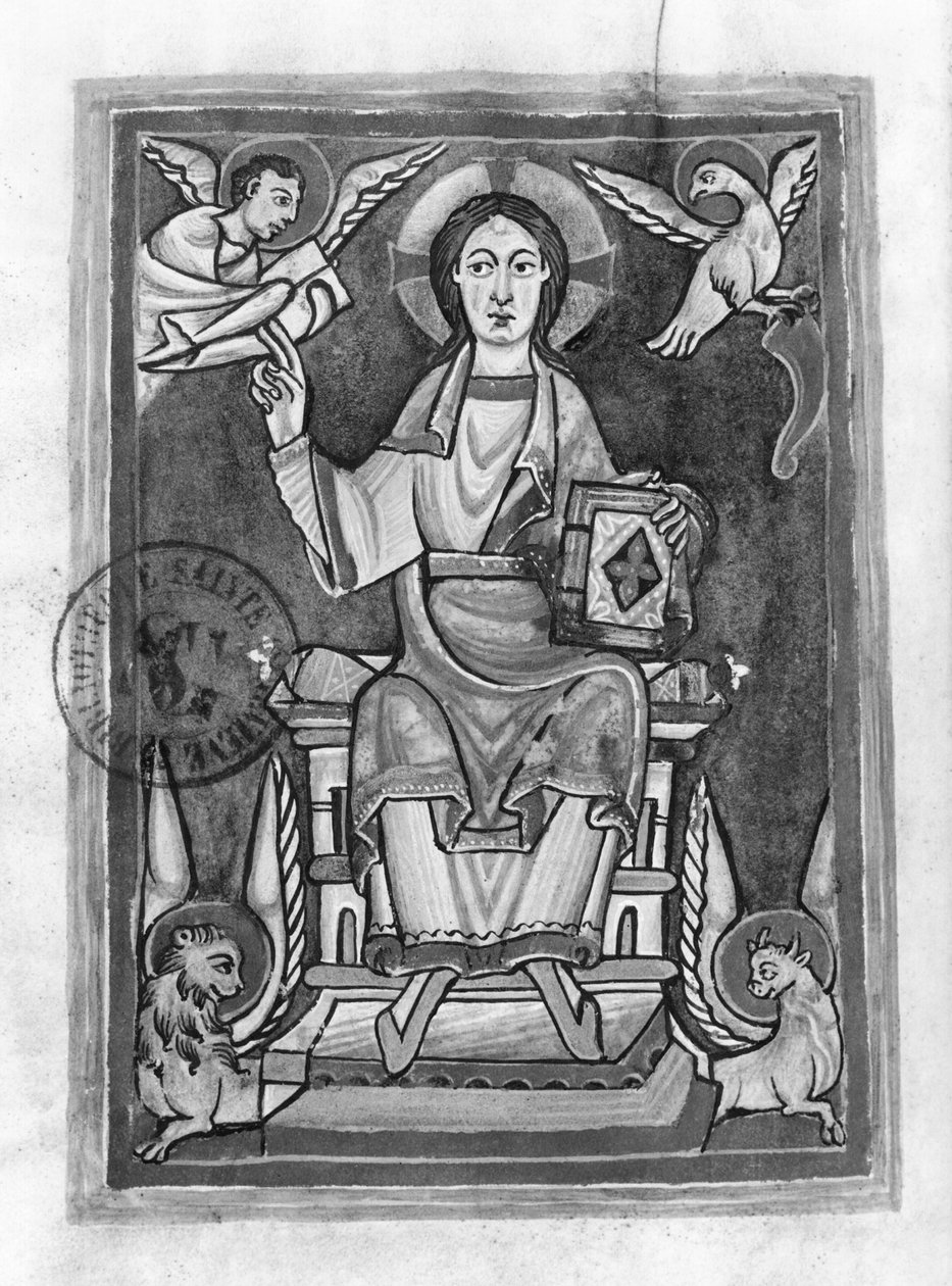 Ms 2657 fol. 1v Krisztus felségben, egy áldásostól alkotó: French School