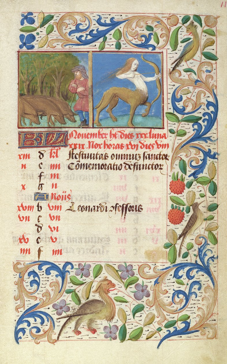 Ms 2697 naptár november hónapra, a Heures de Notre Dame-tól alkotó: French School
