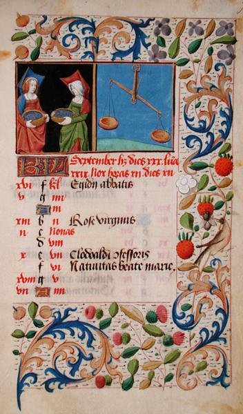 Ms 2697 naptár szeptember hónapra, a „Heures de Notre Dame”-tól (vellum) alkotó: French School