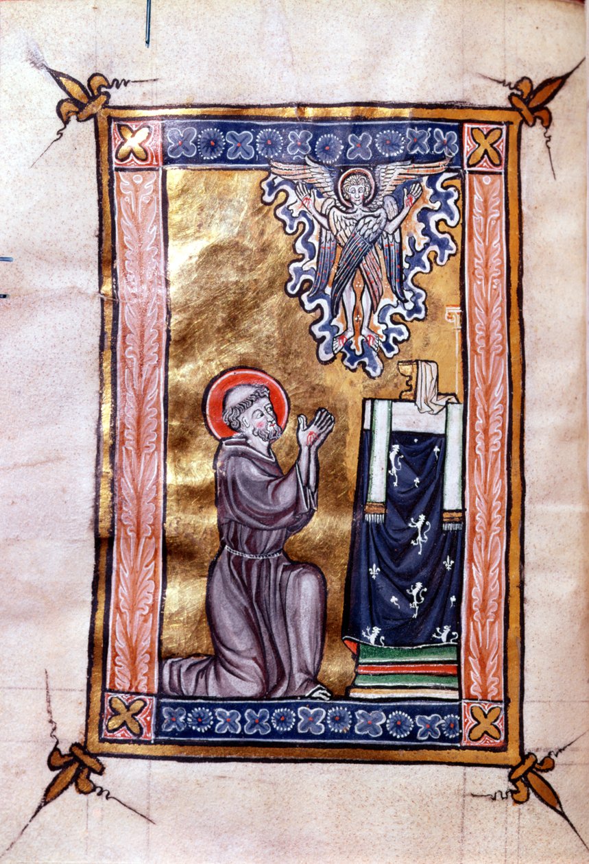 Ms 280 Assisi Szent Ferenc a stigmákat kapja Krisztustól szeráf formájában, egy zsoltártól, 1270 körül alkotó: French School