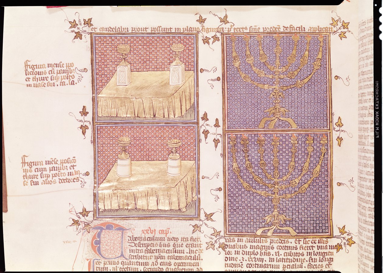 Ms 290 Tome 1 f.89v Ajándékasztal és a menóra, Nicolas de Lyre Postilles sur la Bible-ből alkotó: French School