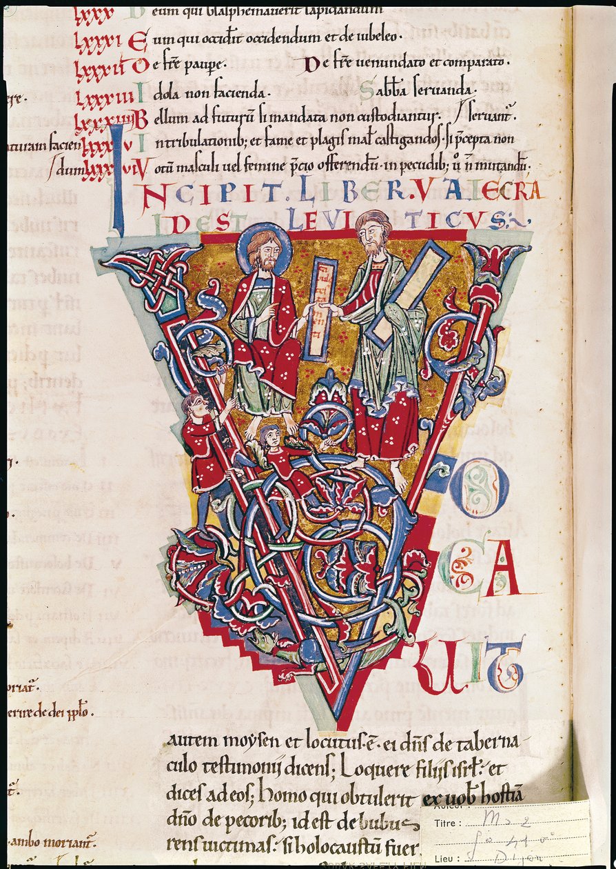 Ms 2 full.41v Történelmi V kezdőbetű, amely egy jelenetet ábrázol a Leviticus könyvéből, a Szent Benigne Bibliából alkotó: French School