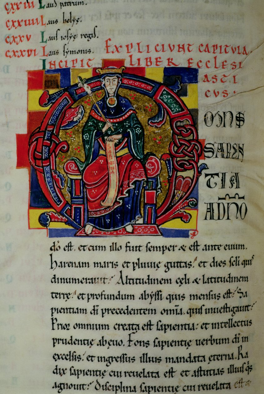 Ms 2 fol.8 Történelmi kezdetű O, amely a Bölcsesség alakját ábrázolja, a Szent Benigne Bibliából alkotó: French School