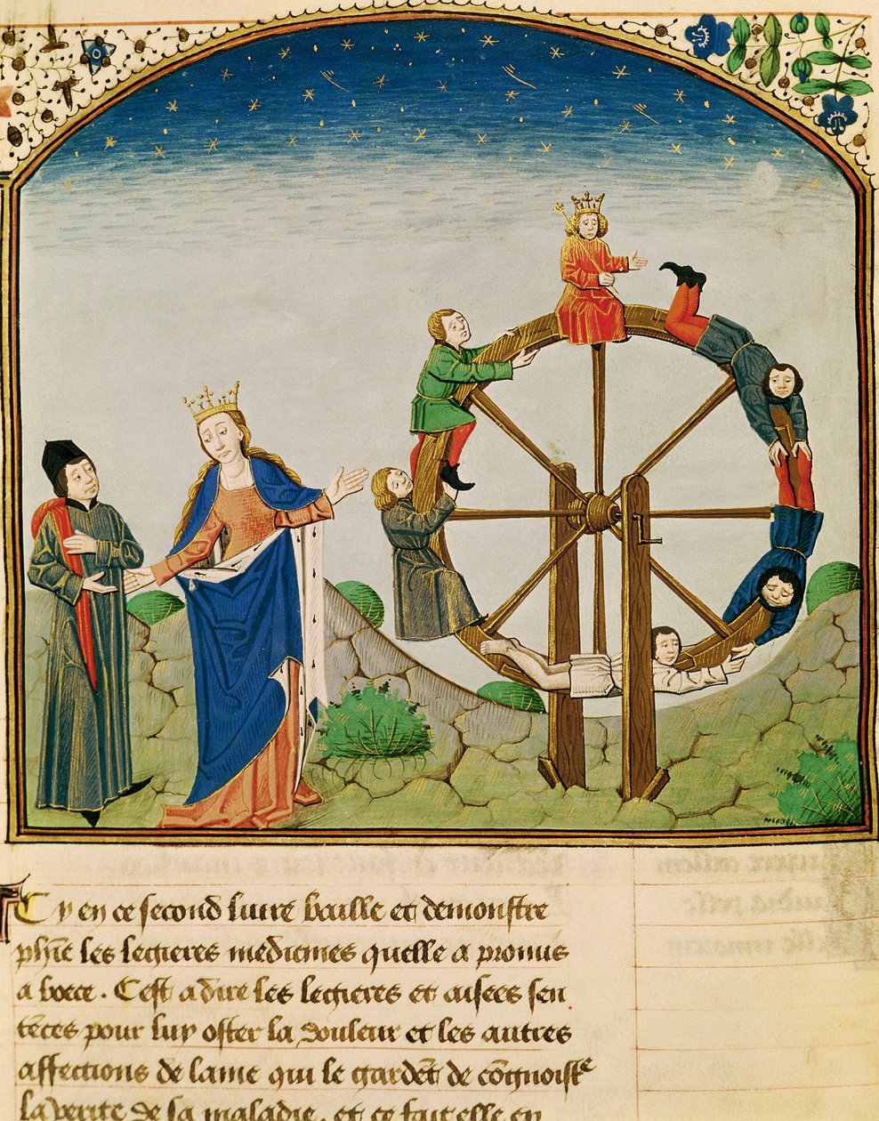 Ms 3045 fol.22v Boethius a szerencsekerékkel, A filozófia vigaszából, Jean de Meung fordítása alkotó: French School