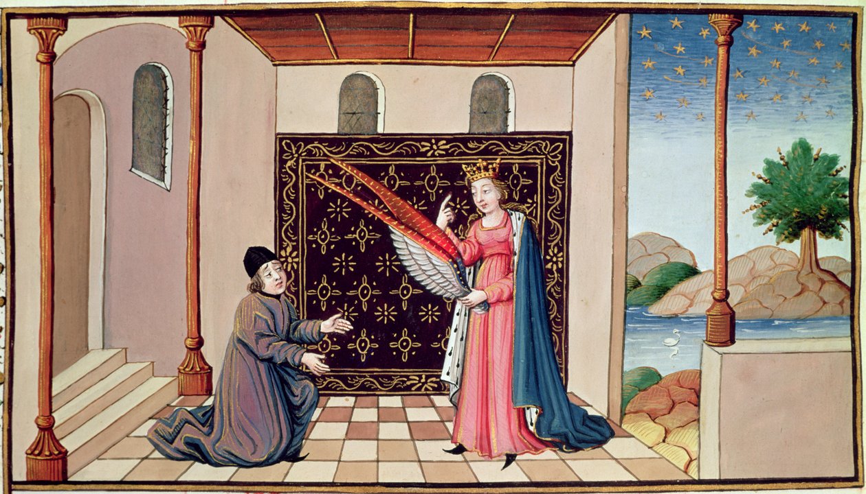 Az Ms 3045 fol.68v Lady Philosophy olyan szárnyakat kínál Boethiusnak, amelyek képessé teszik elméjét a magasba repülésre alkotó: French School