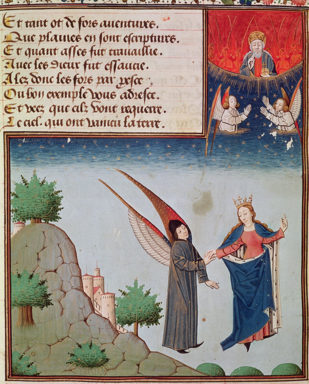 Ms 3045 fol.94r Lady Philosophy repülés közben az ég felé vezeti Boethiust a neki adott szárnyakon; Az Atya Isten áldással néz alkotó: French School
