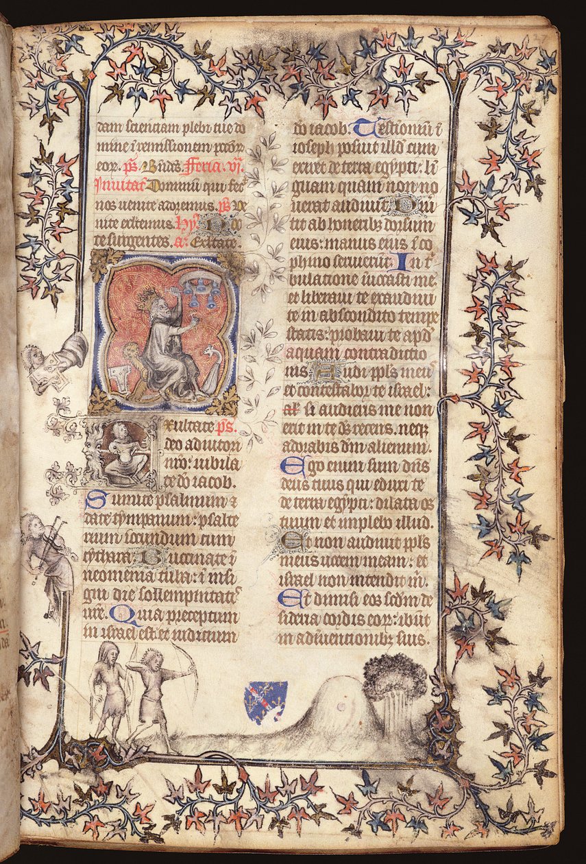 Ms 306 f.27r Dávid király ülve megüti öt harangot, egy breviáriumból, Párizs használata, 1400 alkotó: French School