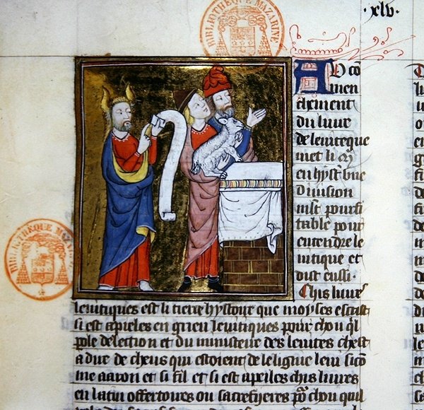 Ms 312 Moses felajánlja a húsvéti bárányt, a Guyart des Moulins Biblia történetének miniatűrjét (vellum) alkotó: French School