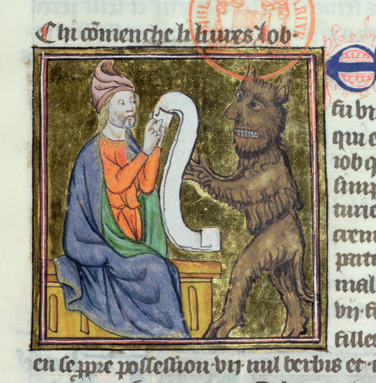 Ms 312 Jób ördögi kísértése, miniatűr Guyart des Moulins Biblia történetéből alkotó: French School