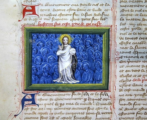 Ms 313 Isten angyalokkal körülvéve, a Bible des Grands Augustinsból alkotó: French School
