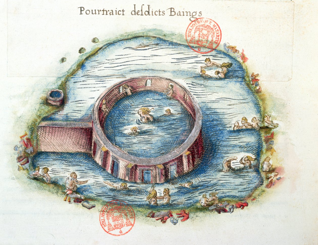 Ms 3242 The Baths of Bourbon-Lancy, illusztráció a Generale Description du Bourbonnais-ból, Nicolas de Nicolay, 1569 (wc papíron) alkotó: French School