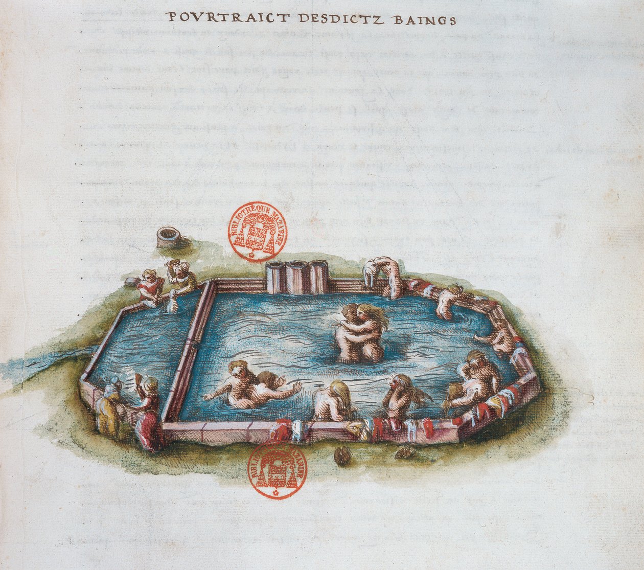 Ms 3243 The Baths of Bourbon lArchambaut, Auvergne, illusztráció a Generale Description du Bourbonnais-ból, Nicolas de Nicolay, 1569 (wc papíron) alkotó: French School