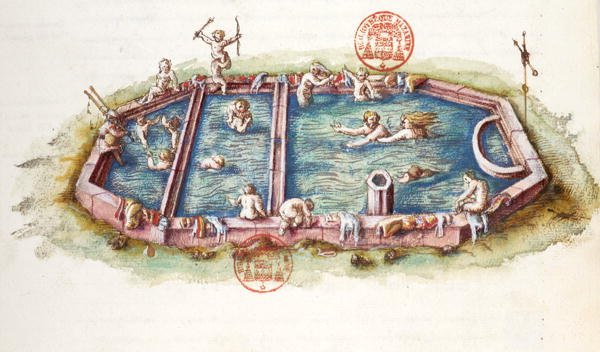 Ms 3243 The Baths of Nerys at Neris-les-Bains, illusztráció a "Generale Description du Bourbonnais"-ból, Nicolas de Nicolay alkotó: French School