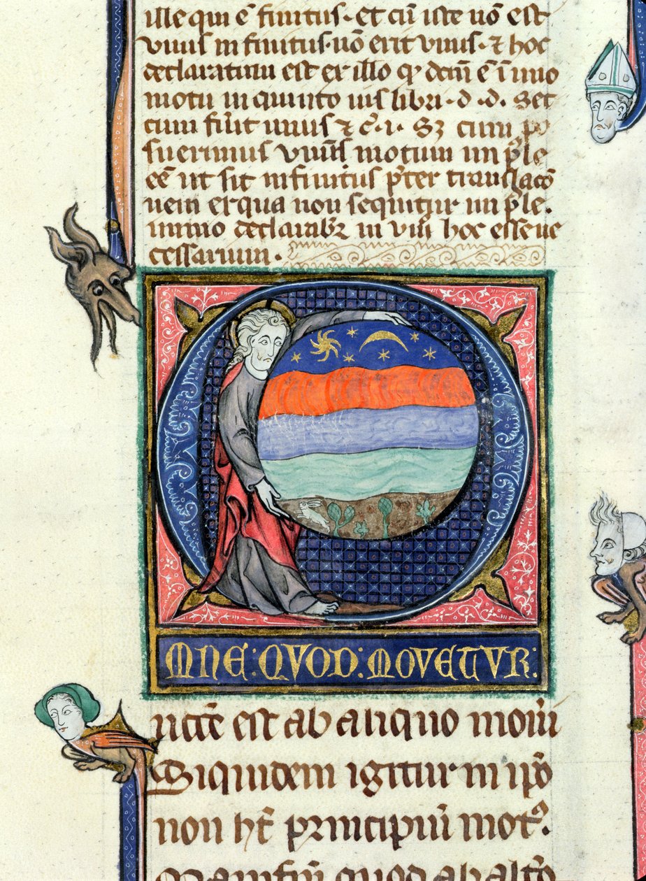 Ms 3469 Krisztus, aki egy földgömböt tart a négy elemmel, Arisztotelész (Kr. e. 384-322) fizikájából (toll, tinta és tempera pergamen) alkotó: French School