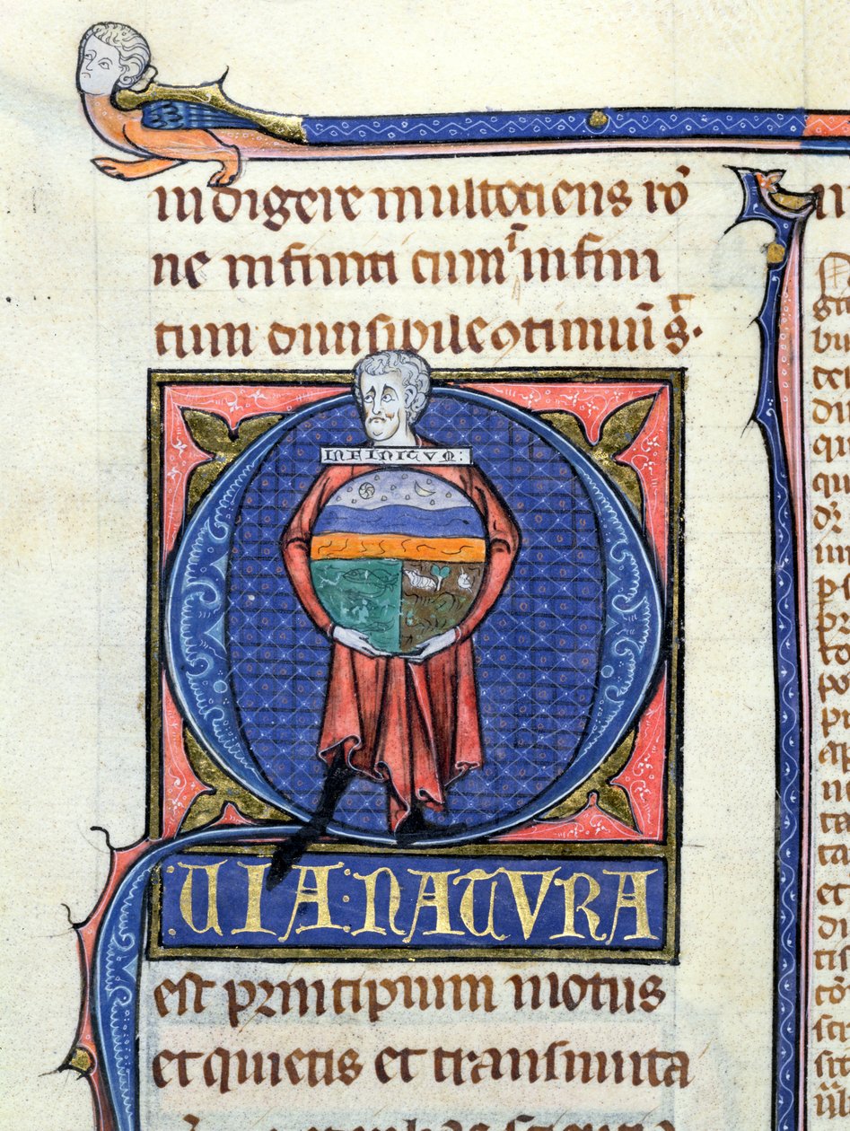 Ms 3469 Filozófus, aki egy földgömböt tart a négy elemmel, Arisztotelész (Kr. e. 384-322) fizikájából (toll, tinta és tempera pergamen) alkotó: French School