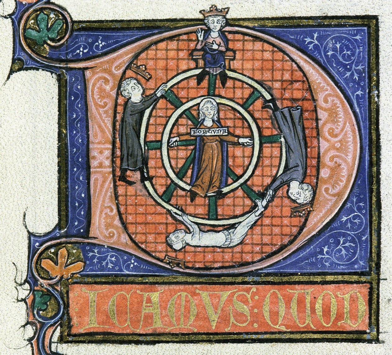 Ms 3469 fol.38 The Wheel of Fortune, Arisztotelész „Fizikából”, 1280-85 körül (toll, tinta és tempera pergamen) alkotó: French School