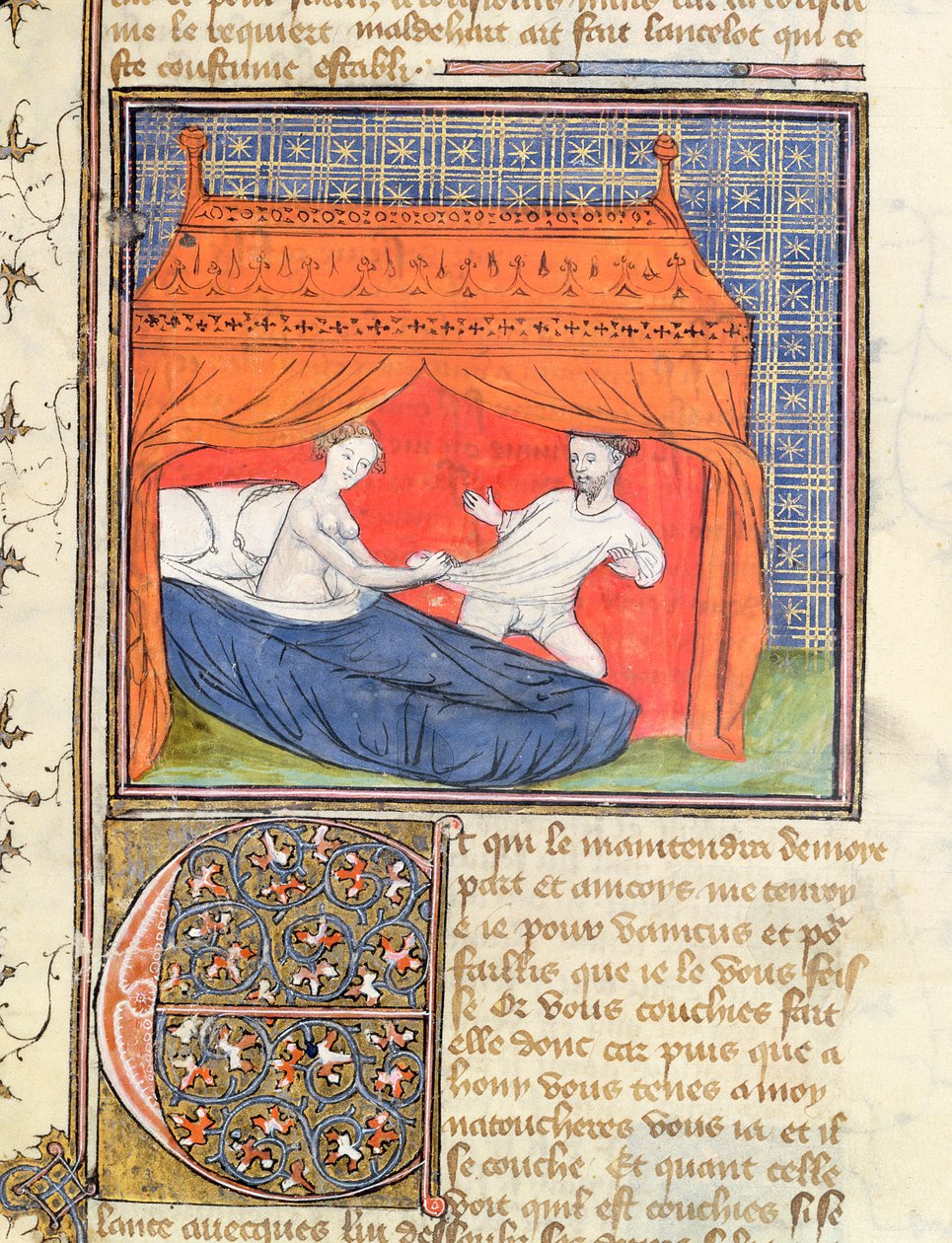 Ms 3480 Lancelot megpróbál szökni egy nő elől egy ágyban, a Livre de Messire Lancelot du Lacból alkotó: French School
