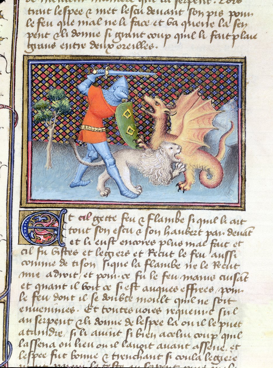 Ms 3480 Yvain, a lovag az oroszlánnal, harc egy sárkánnyal, miniatűr Roman de Lancelottól alkotó: French School