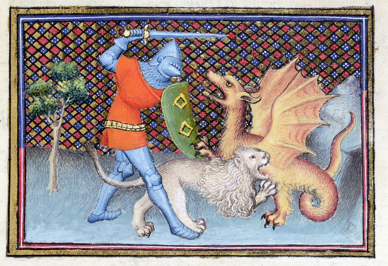 Ms 3480 Yvain, a lovag az oroszlánnal, harc a sárkánnyal, miniatűr Roman de Lancelottól, részlet alkotó: French School