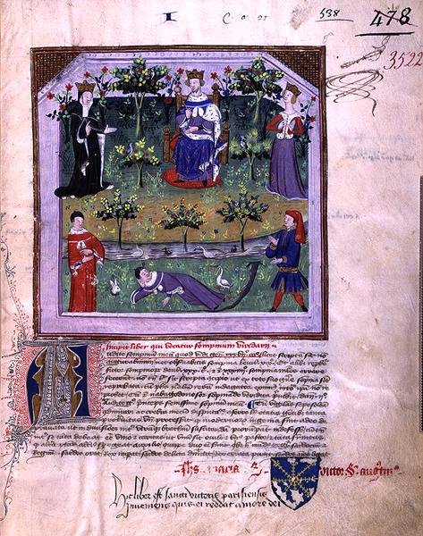 Ms 3522 fol.1 A szerző, aki úgy tesz, mintha aludna, tanúja egy lovag és egy püspök vitájának, a „Somnium Viridarii” (Le Songe du Vergier) című művéből, amelyet 1376-ban komponált V. Károly (1338-80) parancsára (vellum). ) alkotó: French School