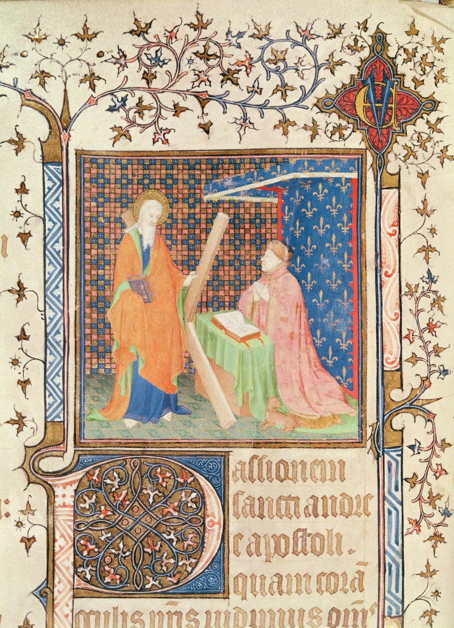 Ms 35 fol.17v Jean de France (1340-1416) Duc de Berry Imádkozik Szent András előtt, a Sainte-Chapelle de Bourges-i Lectionaryból, 1404-1010 körül alkotó: French School