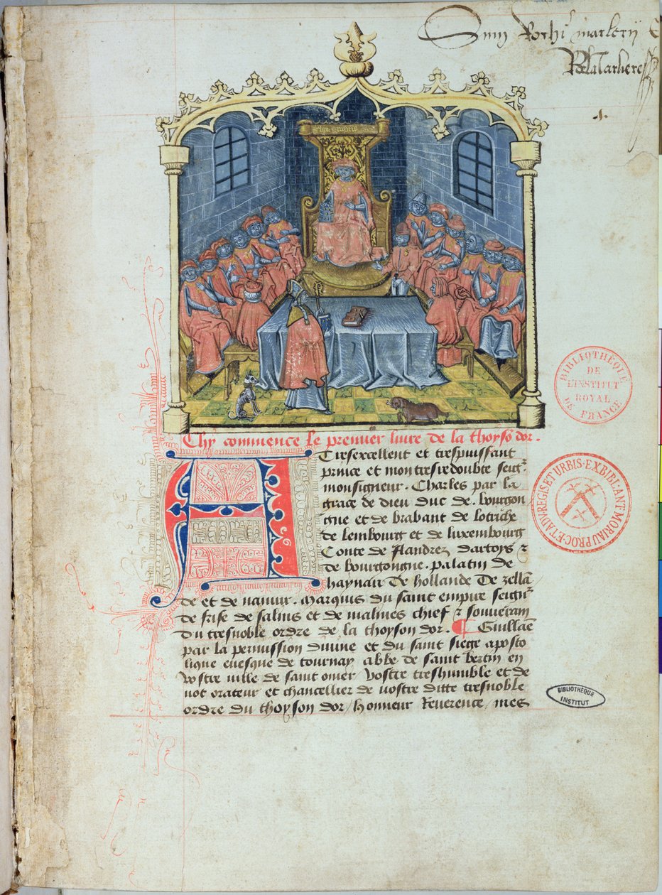 Ms 363 Merész Károly (1433-77) Burgundia hercege és az Aranygyapjú Lovagrend Lovagjai, Guillaume Filastre Az aranygyapjú története című könyvéből, 15. század közepe (lásd még 1. alkotó: French School