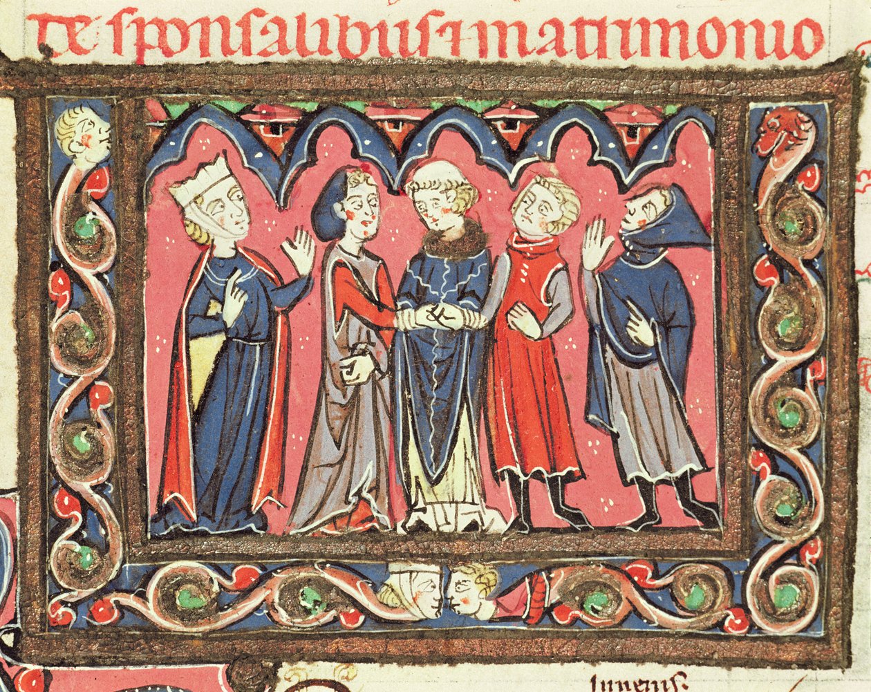 Ms 364 fol.166 Egy házasság, illusztráció Johannes Andreae pápai rendeletekről szóló kommentárjaiból alkotó: French School
