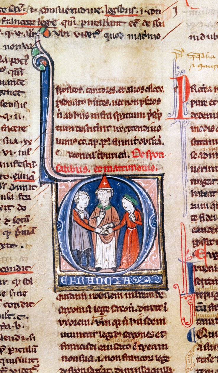 Ms 365 fol.318v Történelmi D kezdőbetű, amely házasságot ábrázol, IX. Gergely rendeleteiből alkotó: French School