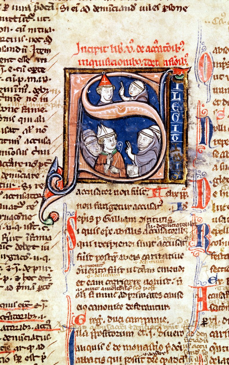 Ms 365 fol.350 Historiált kezdetű S, amely IX. Gergely pápát (1220-50) ábrázolja püspökökkel és apátokkal, IX. Gergely dekrétumaiból alkotó: French School