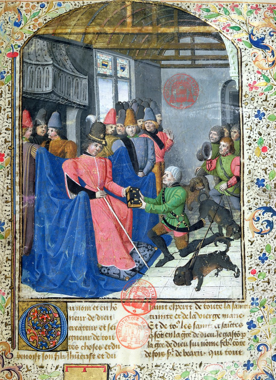 Ms 3717 Huntsman átadja a szerzőnek Gaston Phebus de Foix (1331-91) Livre de la Chasse című, vadászatról szóló értekezését. alkotó: French School