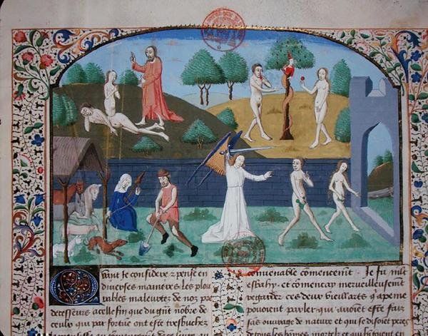 Ms 3878 Éva teremtése, Ádám és Éva megkísértése és kiűzése, a „Des cas des nobles hommes et femmes”-ből, Giovanni Boccaccio (1313-75) (vellum) alkotó: French School