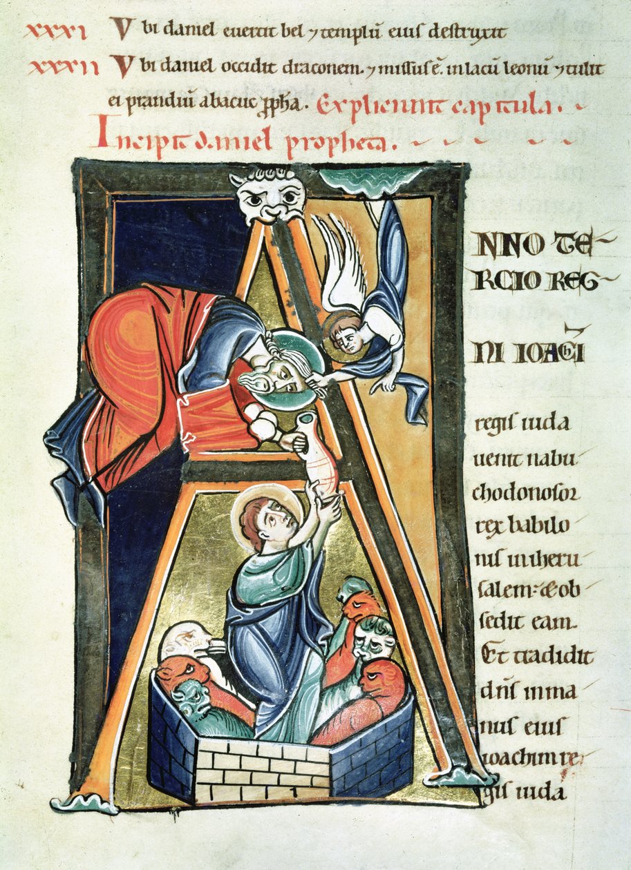 Ms 3 fol.233 Historizált kezdeti A, amely Danielt az Oroszlánok barlangjában ábrázolja, a Saint-Sulpice de Bourges Bibliából alkotó: French School