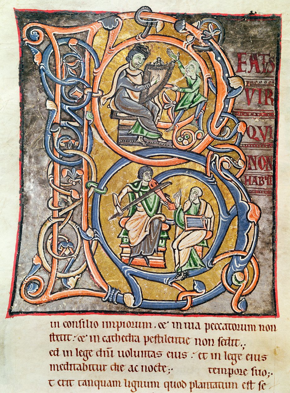 Ms 3 fol.255 Dávid királyt ábrázoló történeti „B” kezdőbetű a „Bible de Saint-Sulpice de Bourges”-ból alkotó: French School
