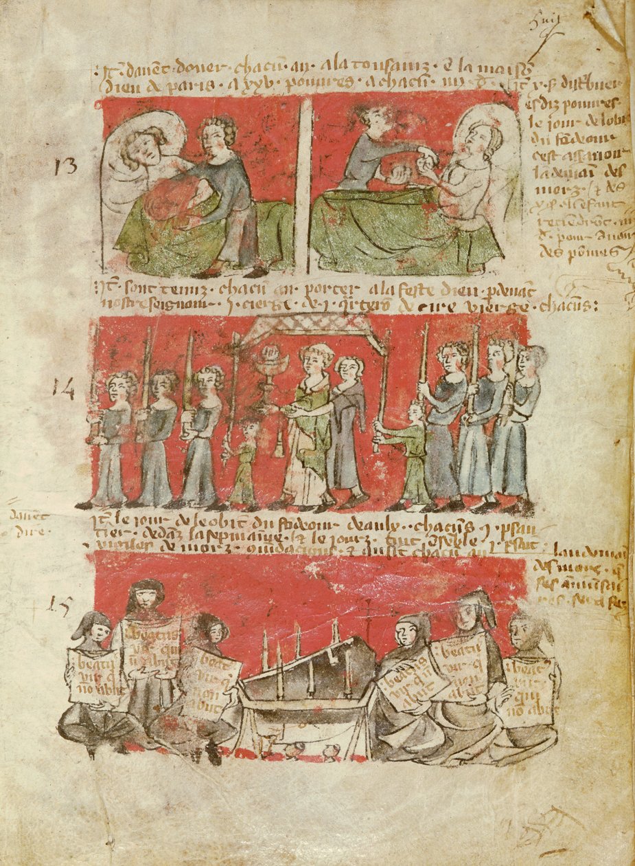 Ms 406 fol.6 Jelenetek a Hubant College vagy az Ave Maria hallgatóinak életéből, a Hubant College statútumából, Párizs, 1387 alkotó: French School