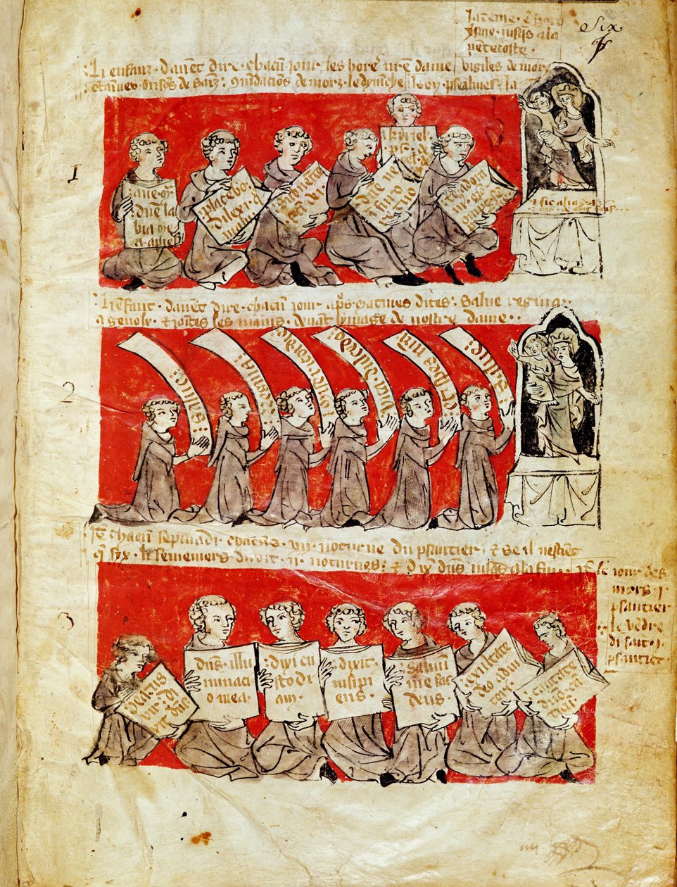 Ms 406 fol.6 Jelenetek a párizsi Hubant College vagy a Boldogasszony Kollégium hallgatóinak életéből, a Hubant College alapszabályából, 1387 alkotó: French School