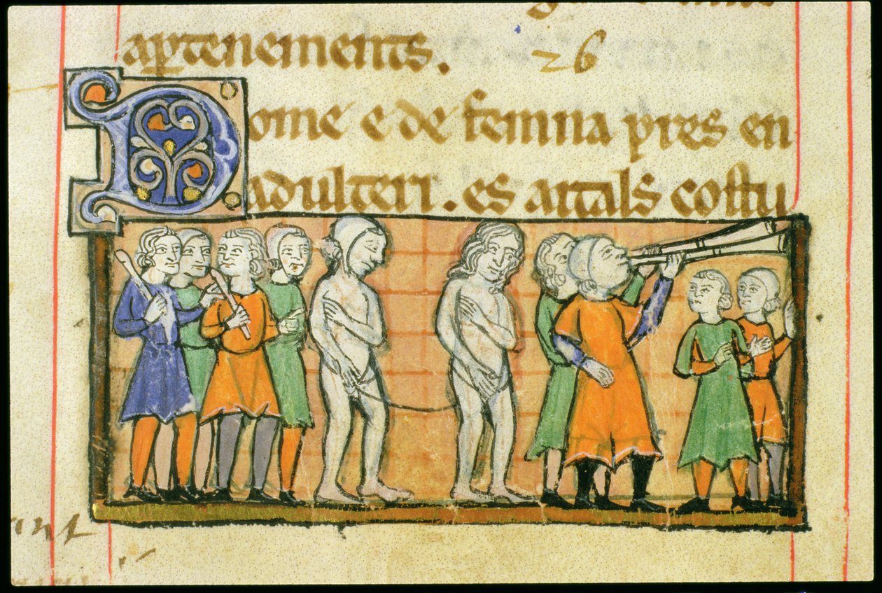 Ms 41 f.42v Két házasságtörő megbüntetése meztelen körmenettel a városon keresztül, Livre Juratiore dAgentől alkotó: French School