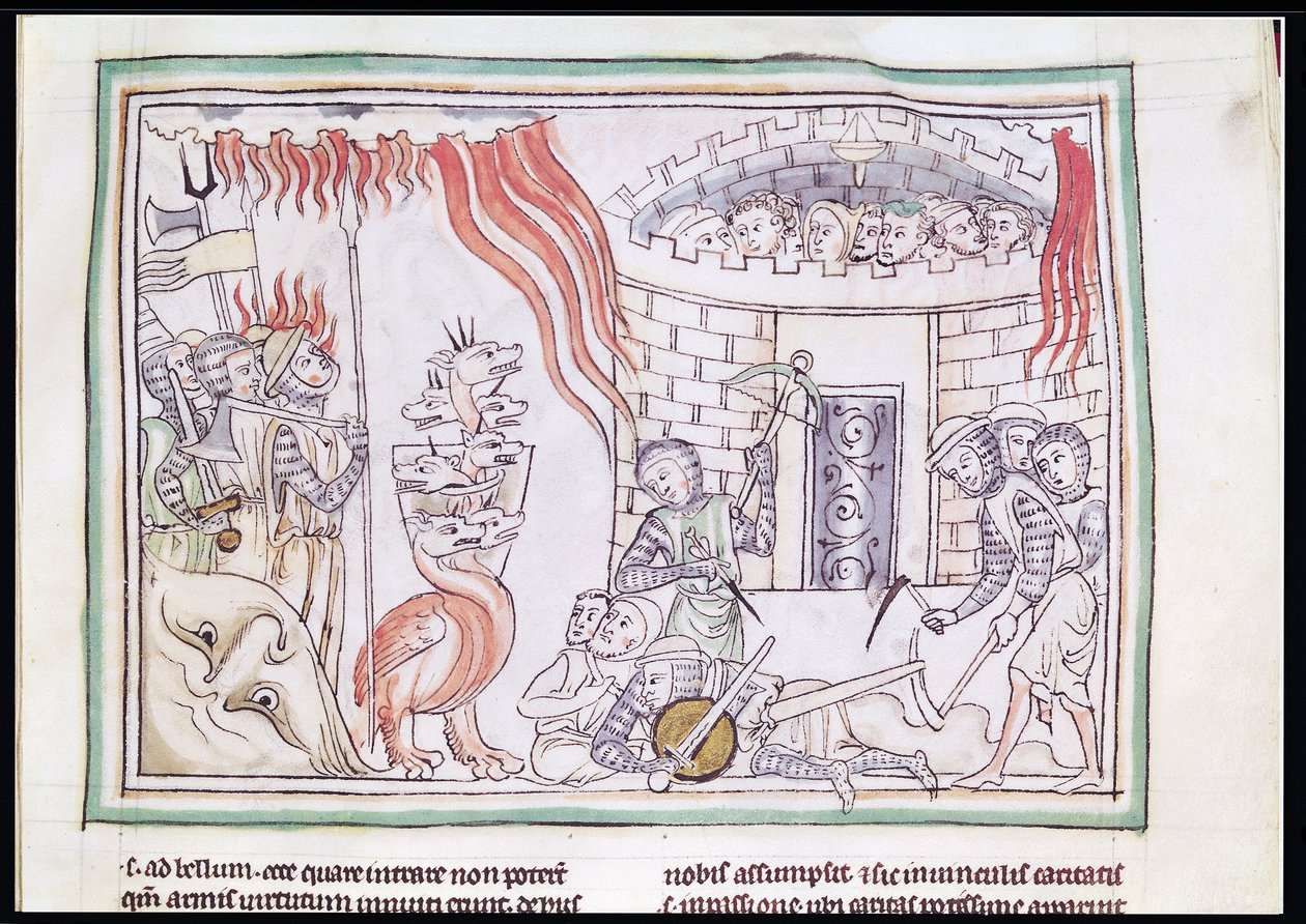 Ms 422 Fol.95r Az égi tűz, amely elpusztítja a Sátán hadseregét, jelenet az Apokalipszisből alkotó: French School