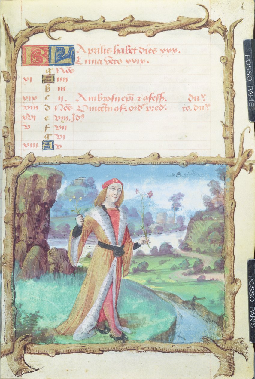Ms 438 Április hónapja: Virágszedő úriember az órák könyvéből, 1490 alkotó: French School
