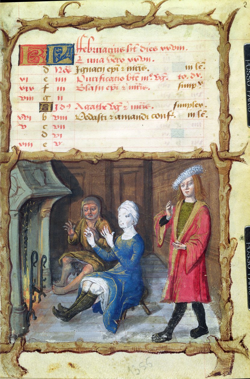 Ms 438 Február hónap: Bemelegítés a kandalló előtt, az órák könyvéből, 1490 alkotó: French School