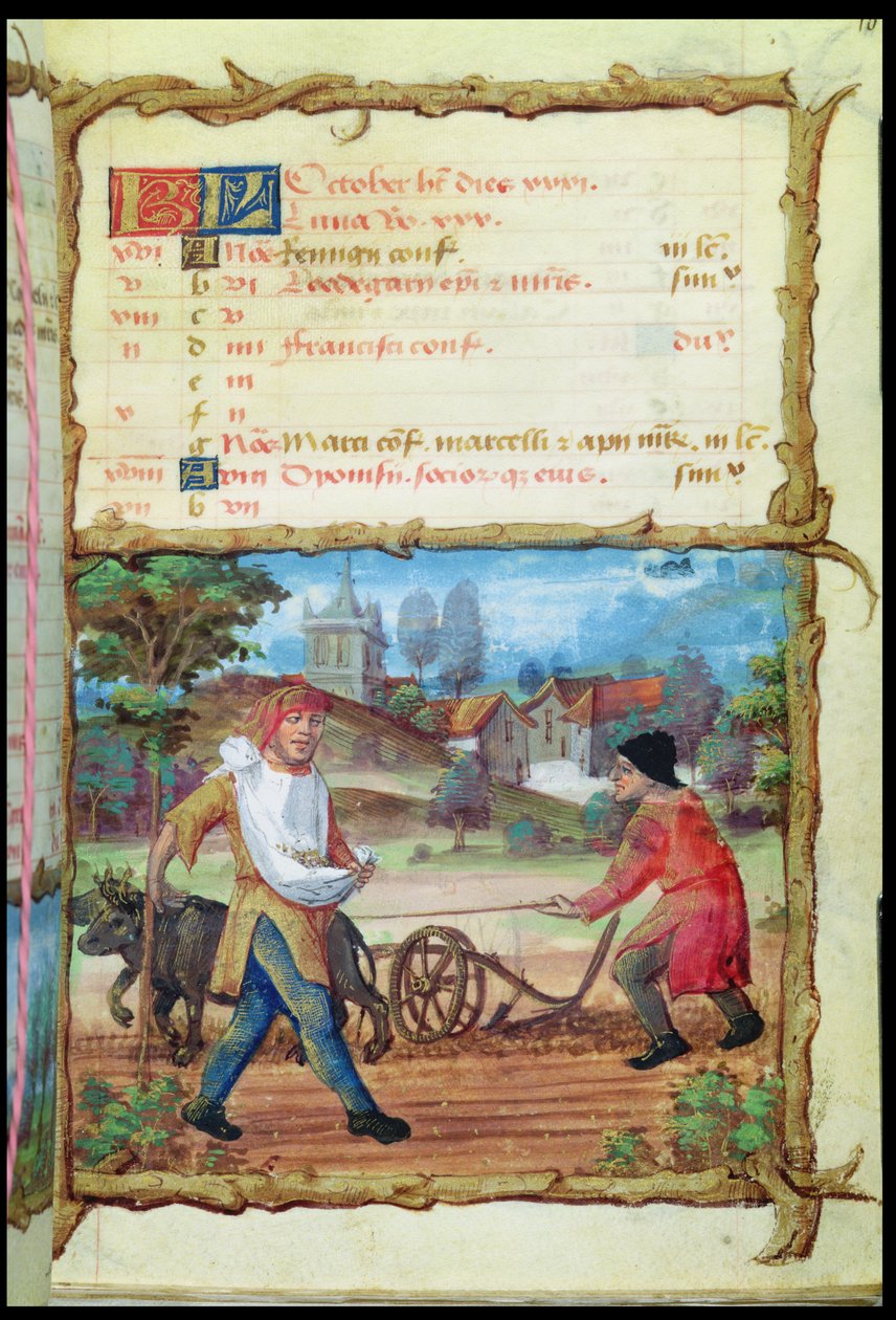 Ms 438 Október hónapja: Szántás és vetés, Órakönyvből, 1490 alkotó: French School