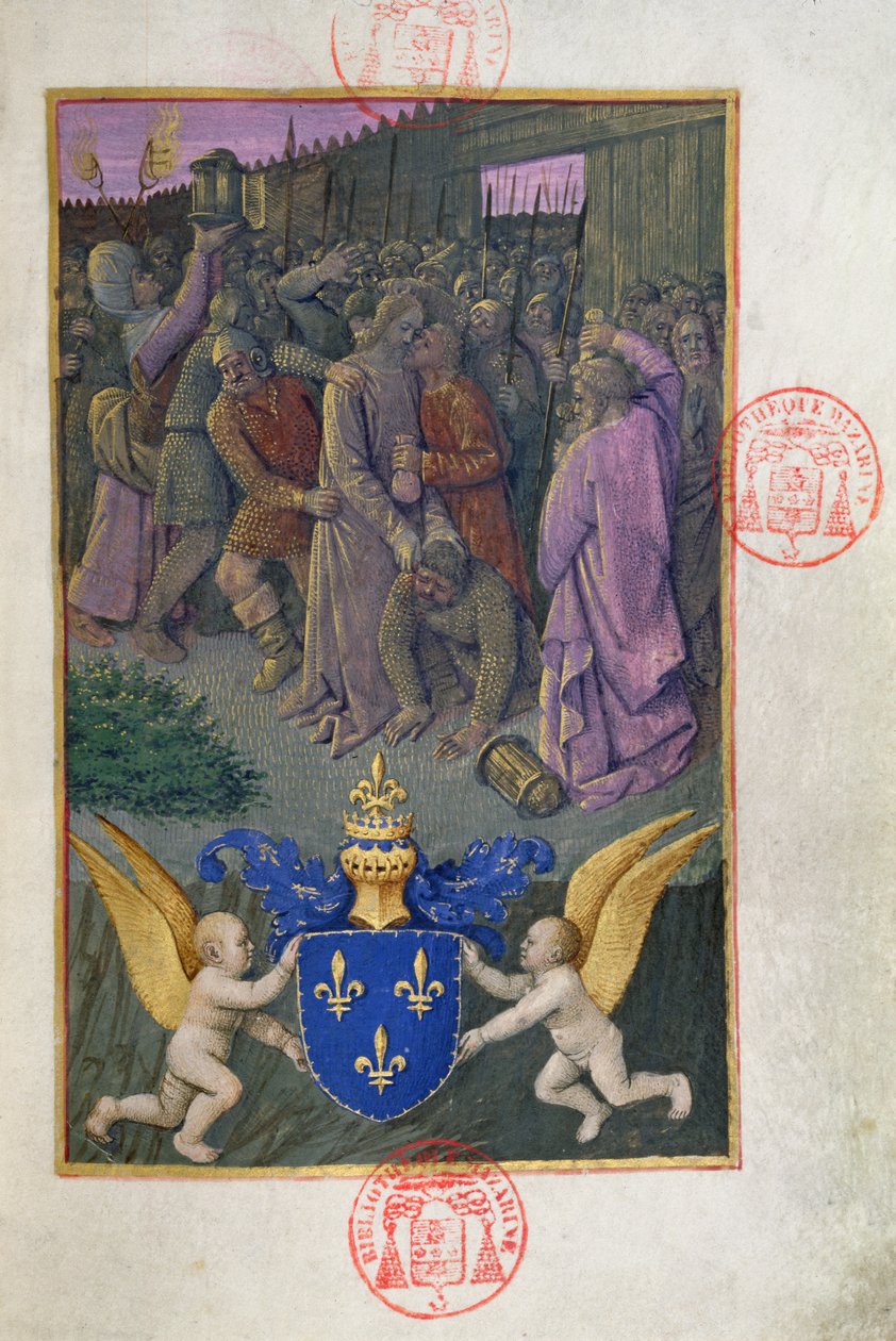 Ms 473 Judas megcsókolja Krisztust, miniatűr Franciaország Károly óráiból, 1466-69 körül alkotó: French School