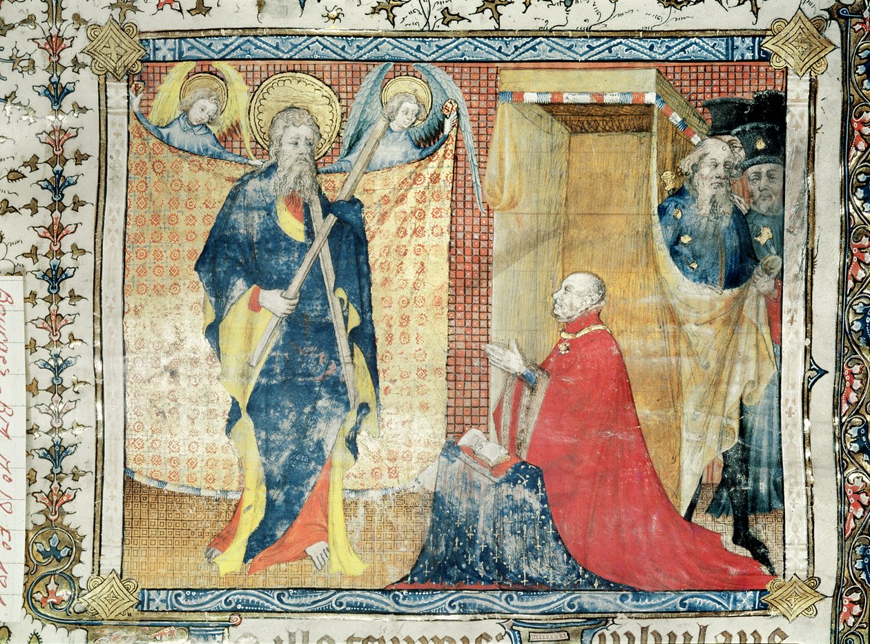 Ms 48 fol.181 Jean de France (1340-1416) Berry hercege imádkozik Szent András előtt, a Lectionnaire de la Sainte-Chapelle de Bourges-ból, 1404-1010 körül alkotó: French School